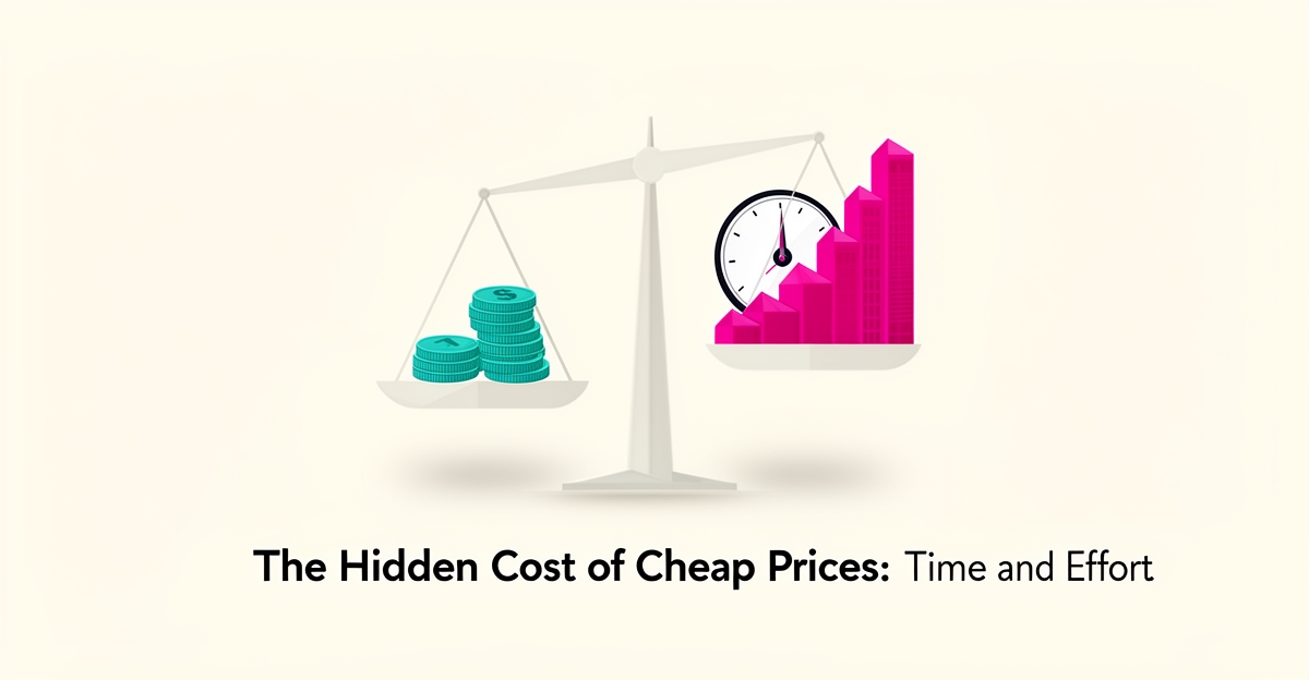 Flat illustration of a scale balancing coins against a clock and building blocks, symbolizing the hidden time cost of cheap AI website builders.