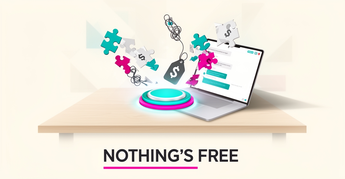 Flat illustration of fragmented free AI tools falling away around a single integrated AI platform, accented in teal and magenta with the headline 'Nothing's Free'.