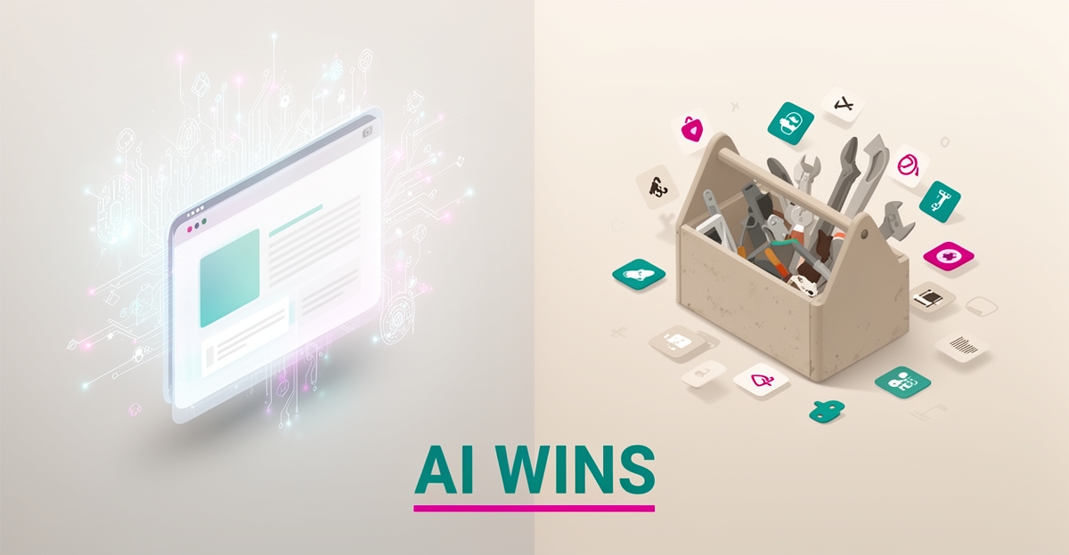 Flat illustration of an AI-built website emerging from glowing circuit nodes versus scattered DIY tools, accented in teal and magenta.