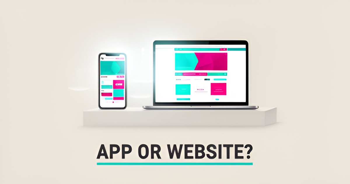 Flat illustration comparing a smartphone and laptop with a glowing website screen, asking whether an app or website is better for business.