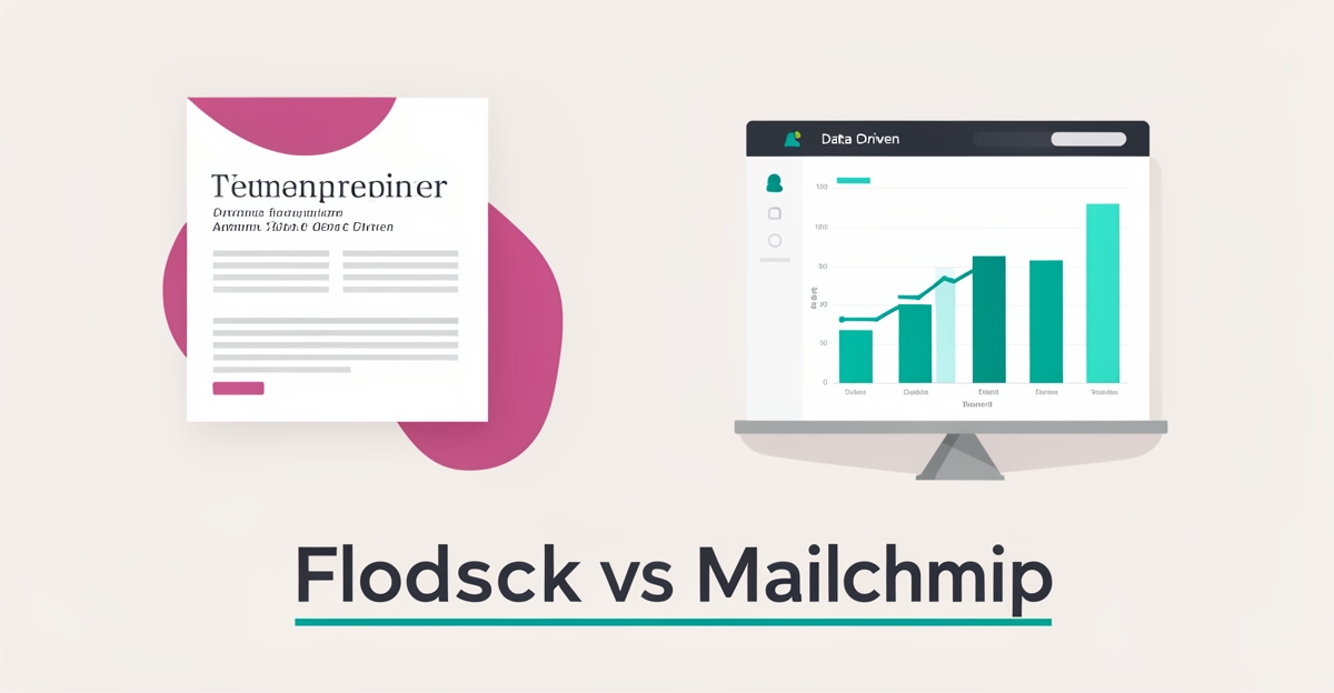 Flat illustration comparing a design-focused email template against an analytics dashboard, representing the Flodesk versus Mailchimp comparison.