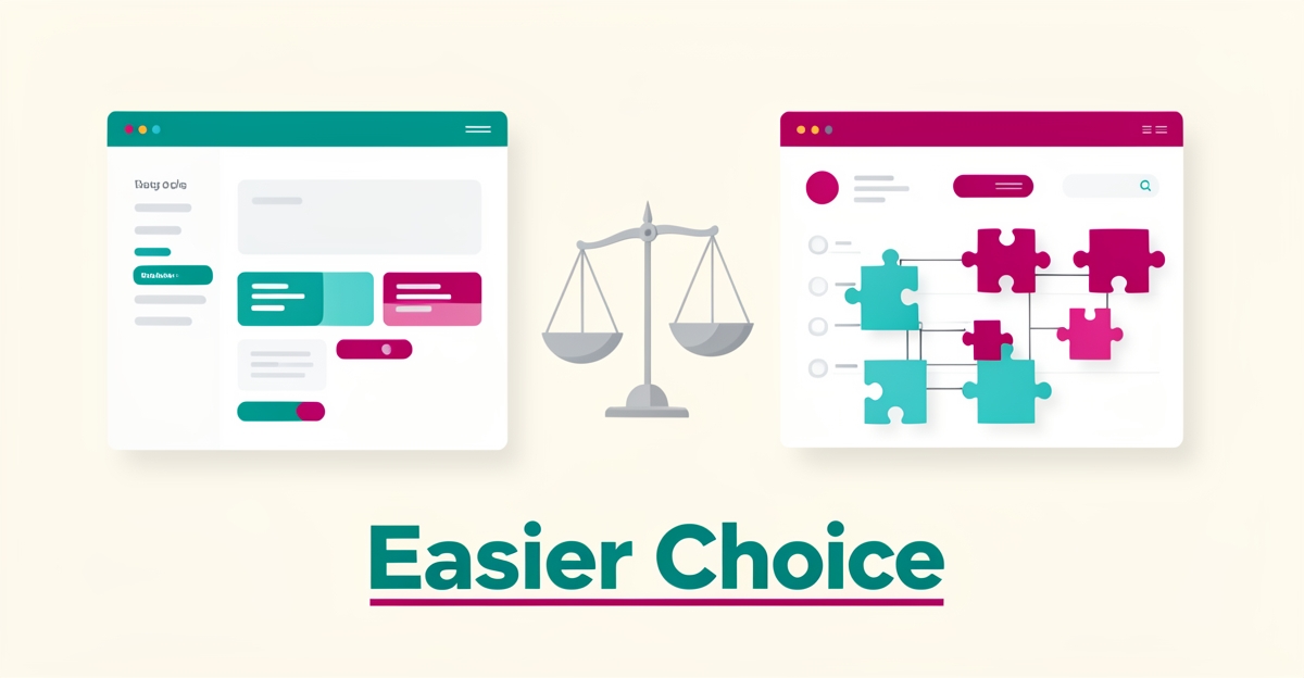 Flat illustration comparing two website platforms with a balance scale motif, teal and magenta accents, and the headline Easier Choice.