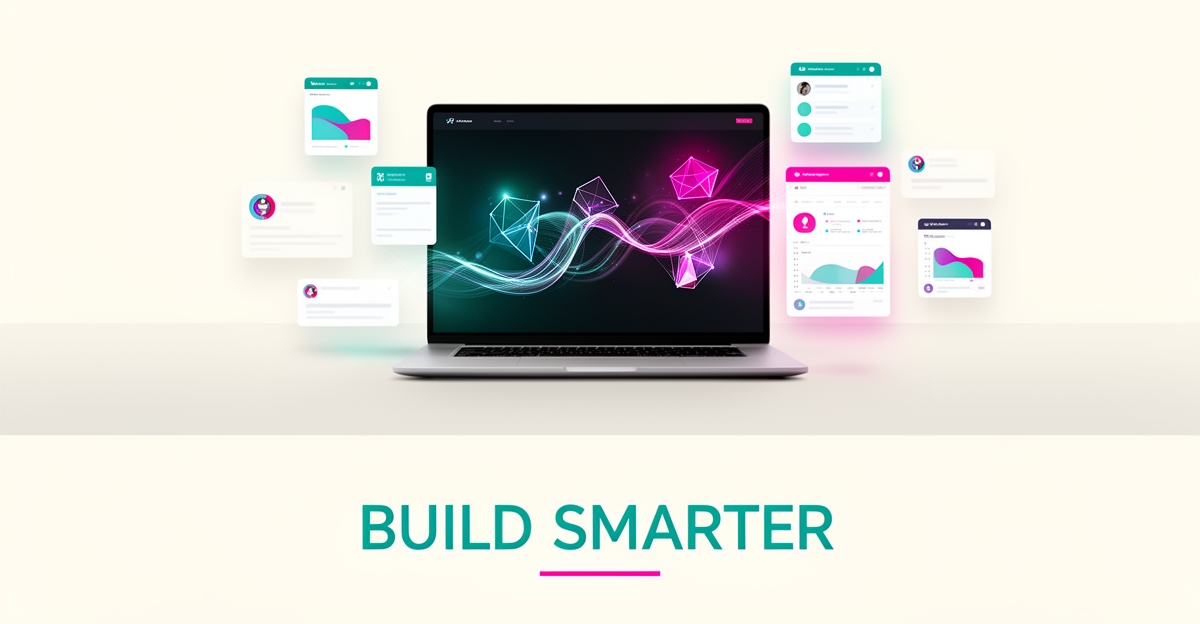 Flat illustration of a laptop with an AI-assembled website wireframe in teal and magenta, headlined Build Smarter.