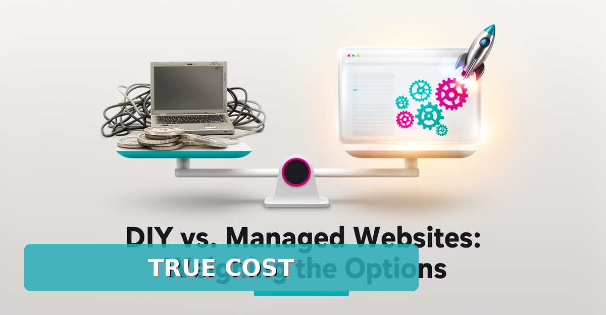 Flat illustration of a balance scale weighing a DIY website build against a managed AI website, accented in teal and magenta with the headline True Cost.