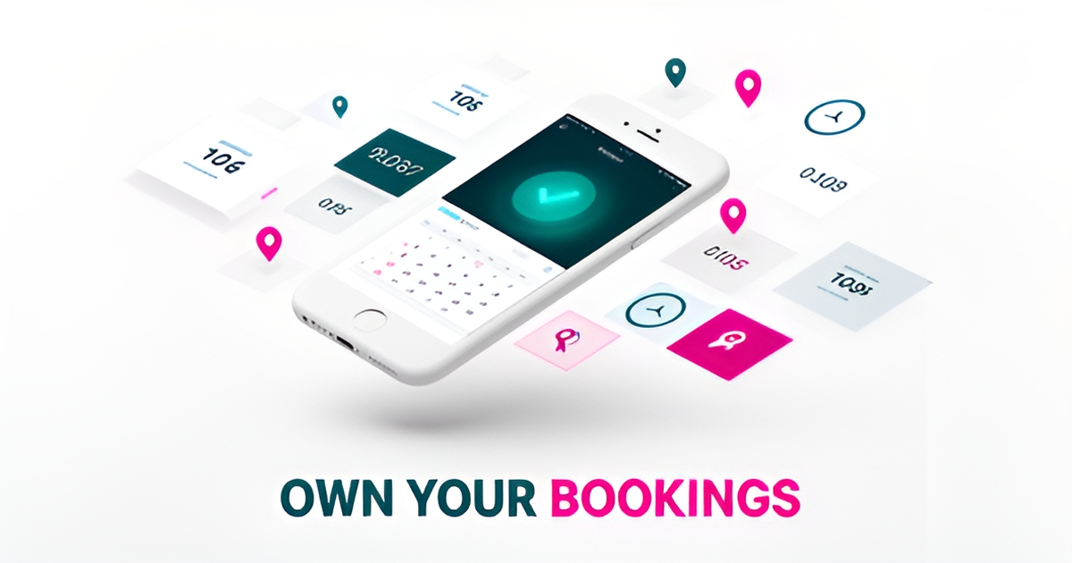 Flat illustration of a smartphone with a calendar booking checkmark surrounded by floating scheduling icons in teal and magenta.