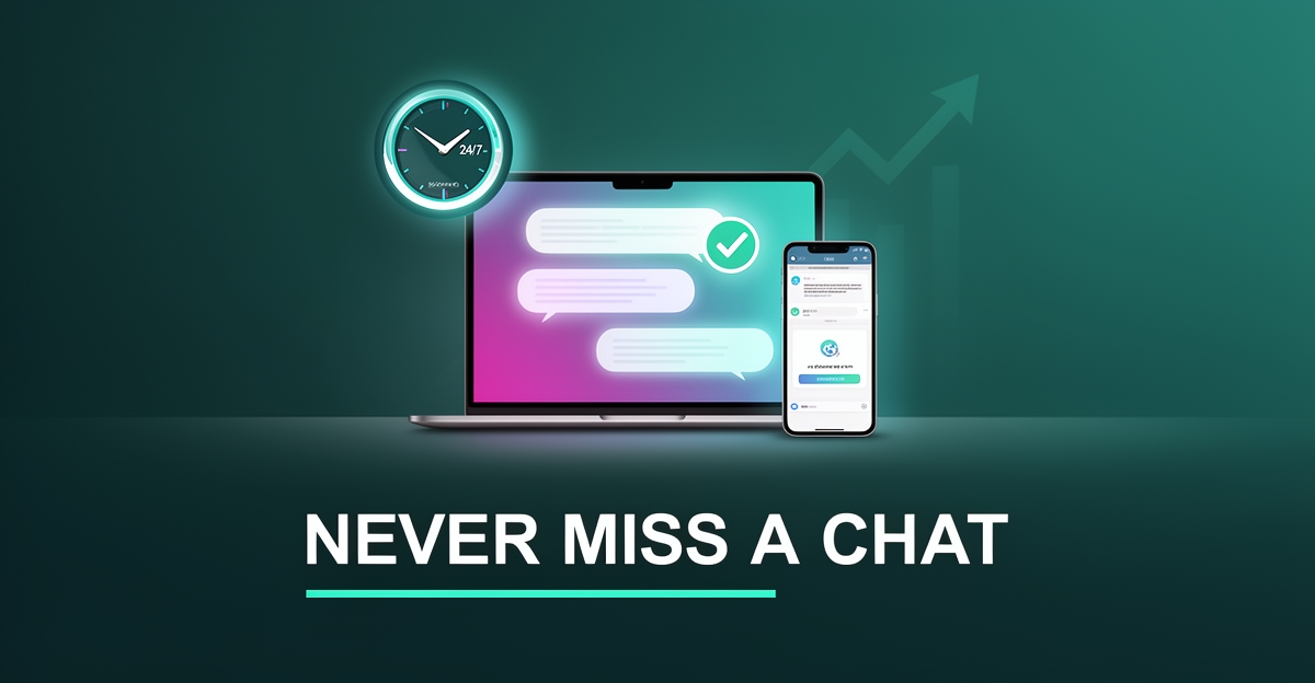 Flat illustration of a laptop and phone with glowing chat bubbles, booking checkmark, and 24/7 clock in teal and magenta brand colors.
