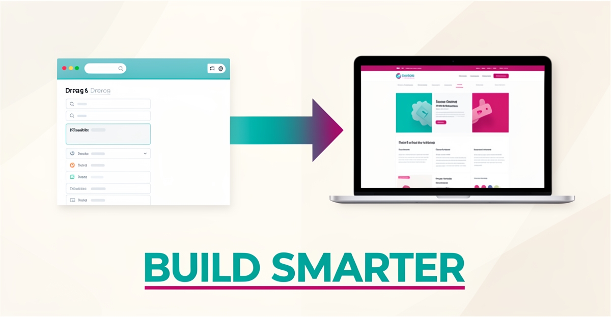 Flat illustration comparing a DIY website wireframe to a polished finished website, accented in teal and magenta with the headline Build Smarter.