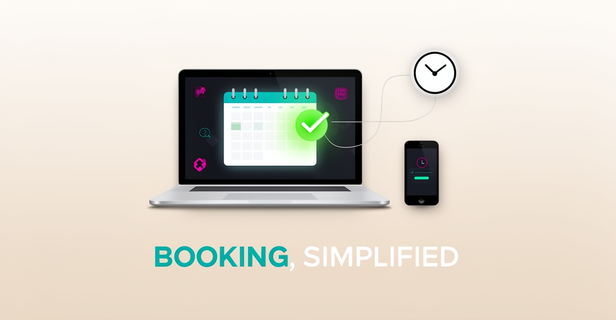 Flat illustration of a laptop and phone showing a calendar booking confirmation with clock icon, accented in teal and magenta, with headline 'Booking, Simplified'.