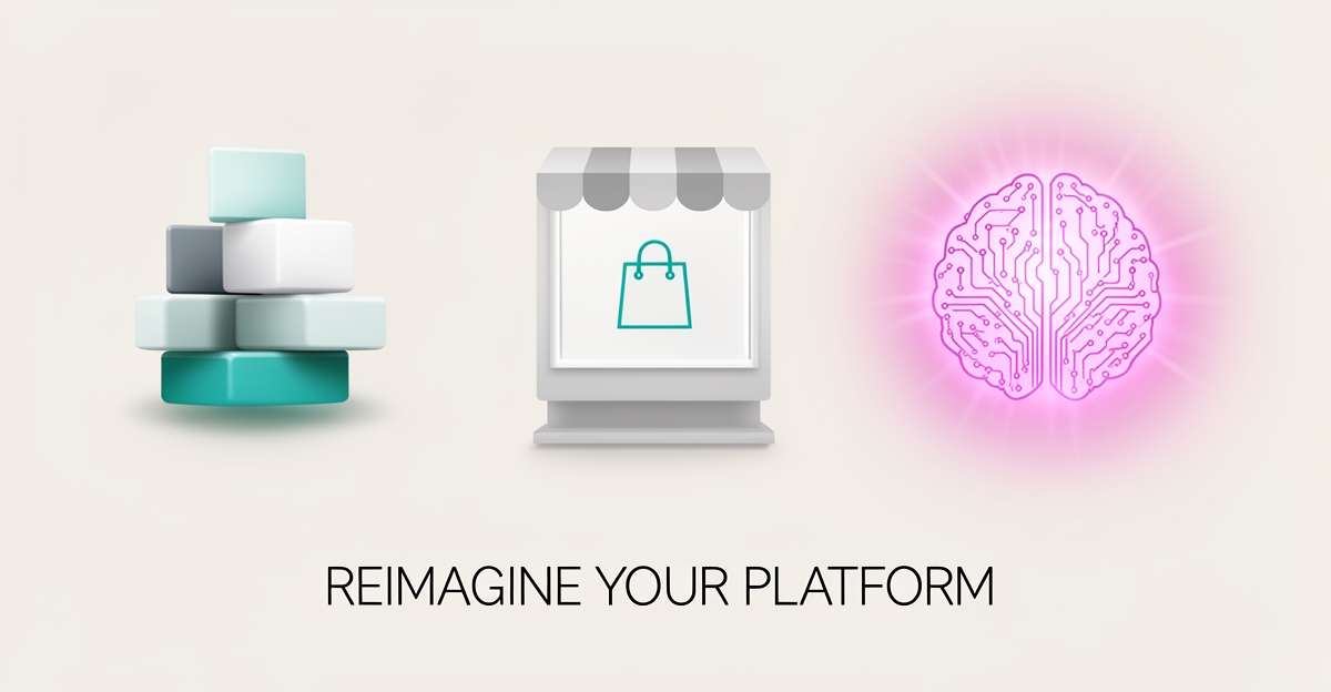 Flat illustration comparing website platforms with blocks, a storefront, and an AI orb, accented in teal and magenta, with the headline Choose Your Platform.