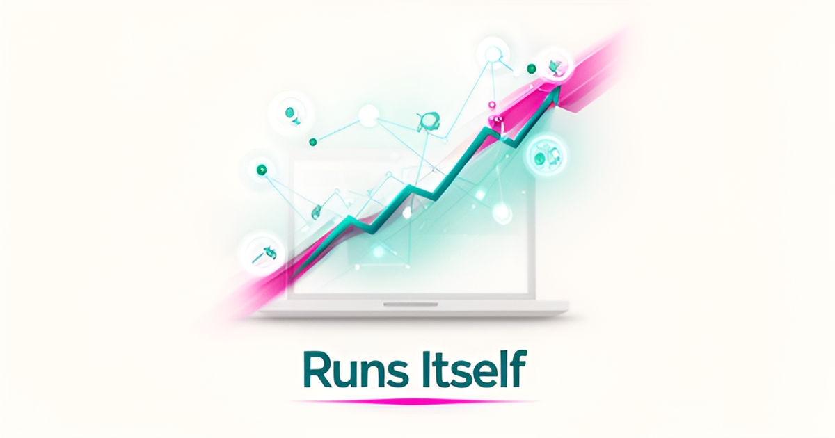 Minimalist flat illustration of a self-running AI marketing dashboard with teal and magenta accents and headline reading Runs Itself.