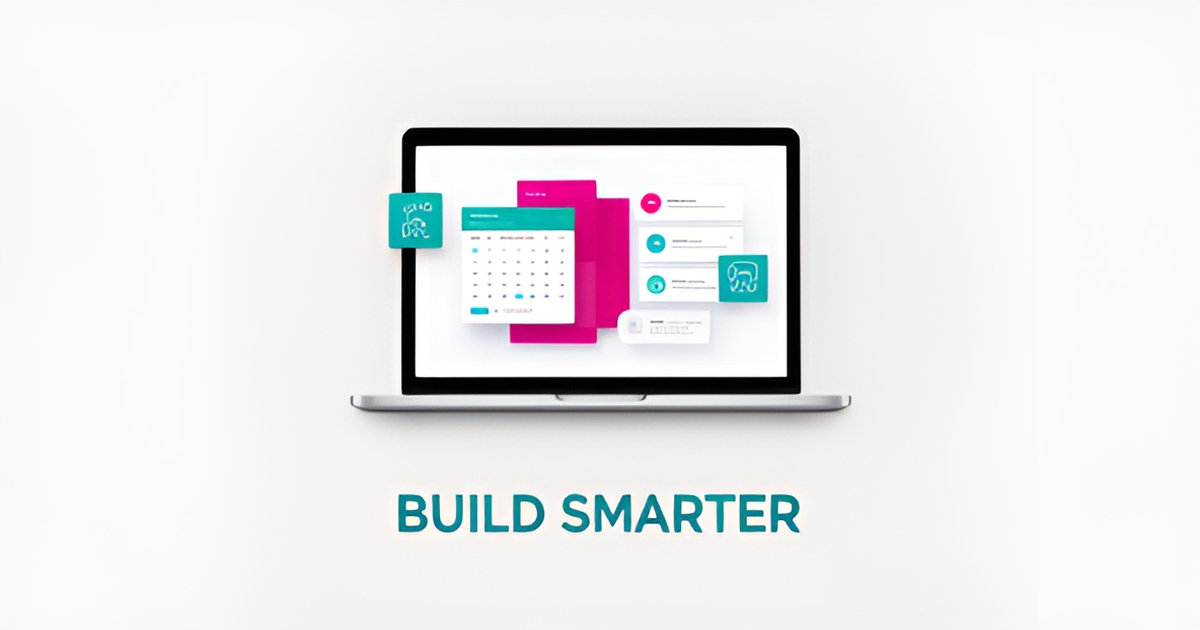 Flat illustration of a laptop with booking, invoicing, and CRM icons, headline reading Build Smarter.