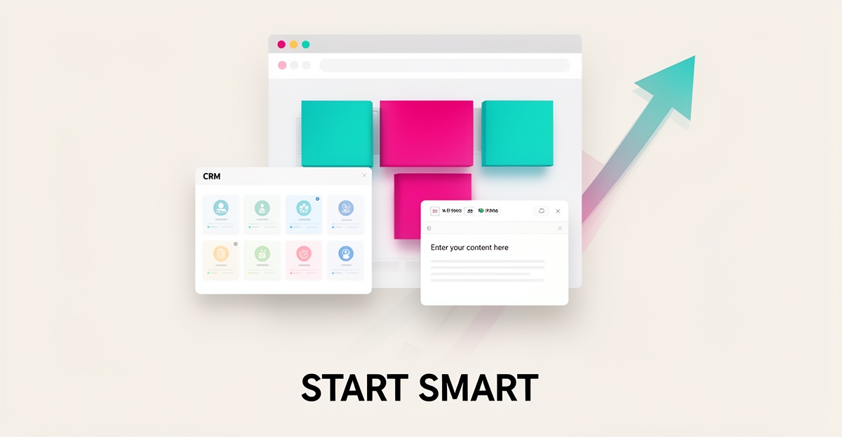 Flat illustration of a website builder interface assembling webpage blocks with teal and magenta accents, headline reading Start Smart.