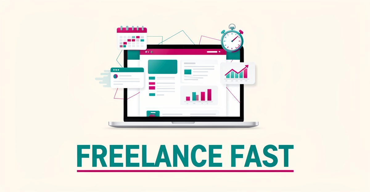 Flat illustration of a laptop with an integrated freelance business dashboard, invoicing and CRM icons, headlined 'Freelance Fast'.
