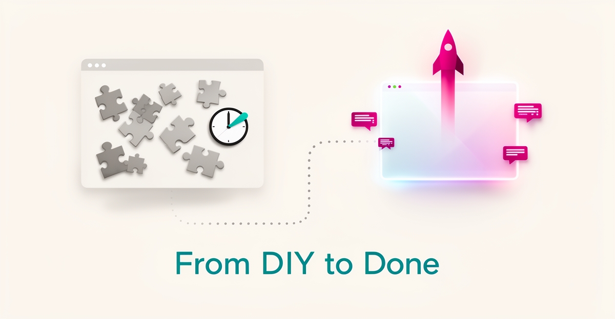 Flat illustration comparing a DIY website builder with scattered pieces against a polished managed platform launching upward, accented in teal and magenta.