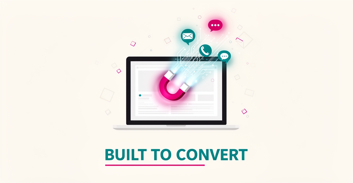 Flat illustration of a laptop with an AI-built website attracting digital leads, accented in teal and magenta, with headline Built to Convert.