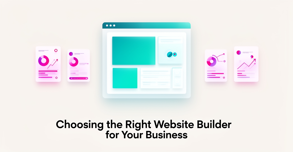 Flat illustration comparing website builder platforms with a central design interface accented in teal and magenta.