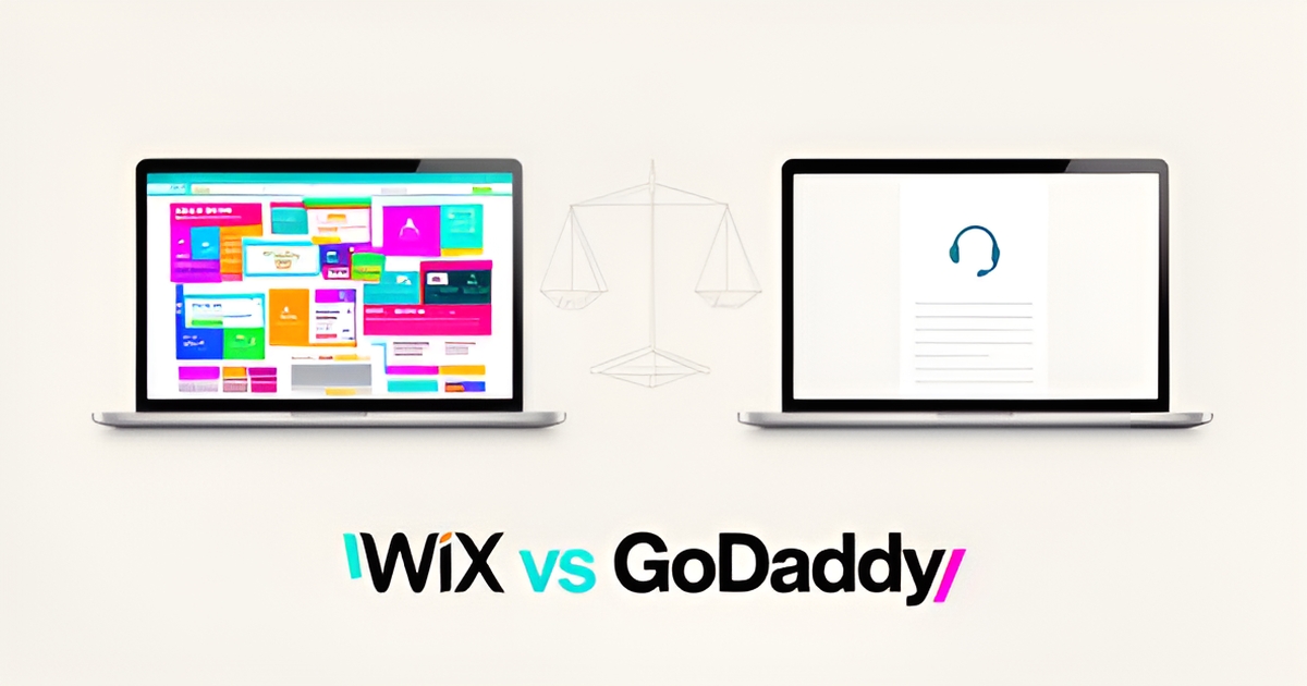 Flat illustration comparing two website builder laptops with teal and magenta accents and a Wix vs GoDaddy headline.