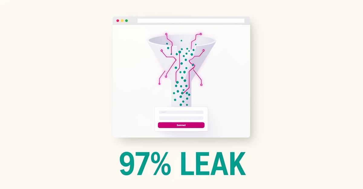 Flat illustration of a leaking conversion funnel inside a browser window, with teal visitor dots escaping and magenta AI lines guiding a few to enrollment.