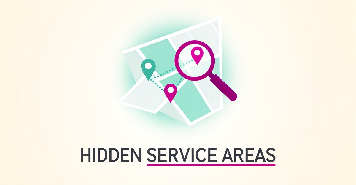 Flat illustration of a map with a fading service radius and magnifying glass revealing hidden location pins in teal and magenta brand colors.