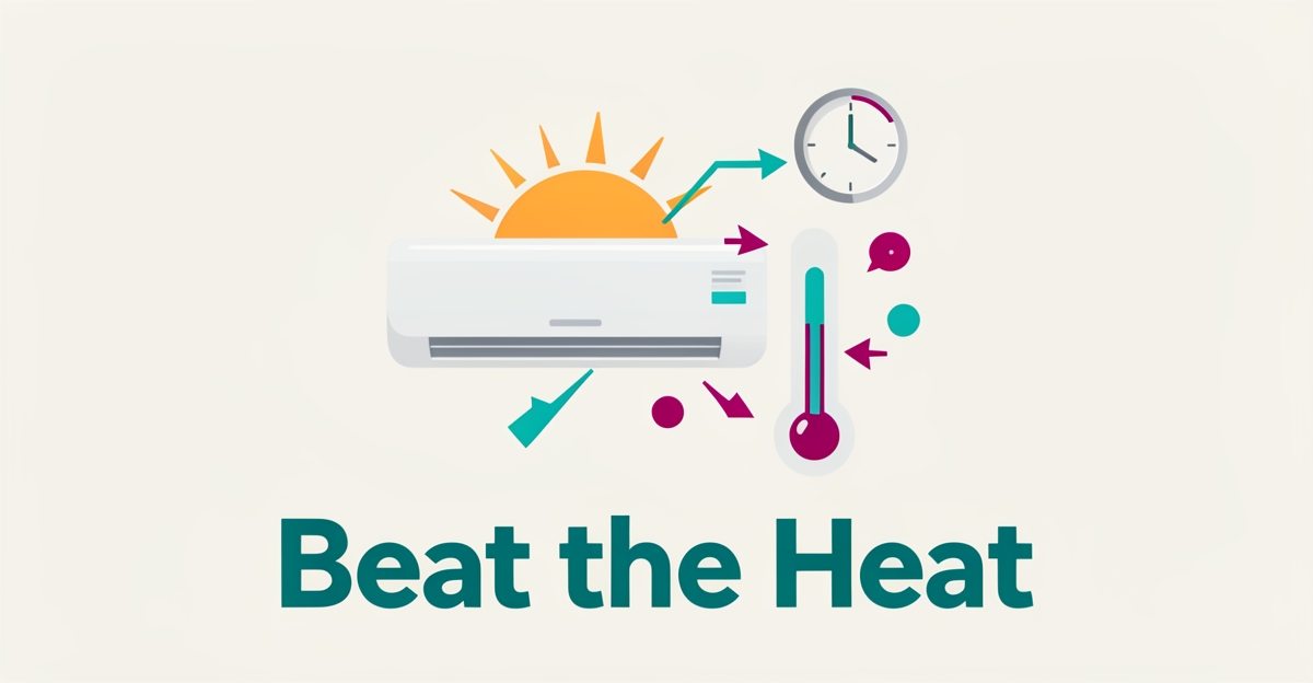 Flat illustration of an air conditioning unit with sun, clock, and lead-capture arrows in teal and magenta accents.