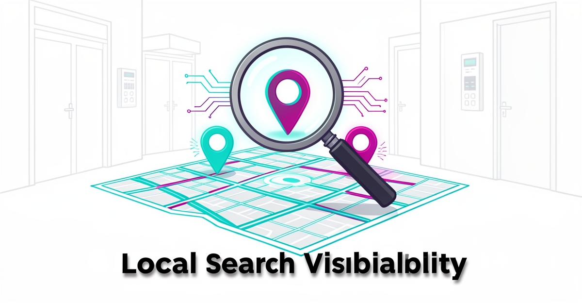 A minimalist flat illustration of a magnifying glass over a city map with glowing location pins and digital signals, symbolizing optimized local search for access control installers, using brand colors #2aabb6 and #d946ef.
