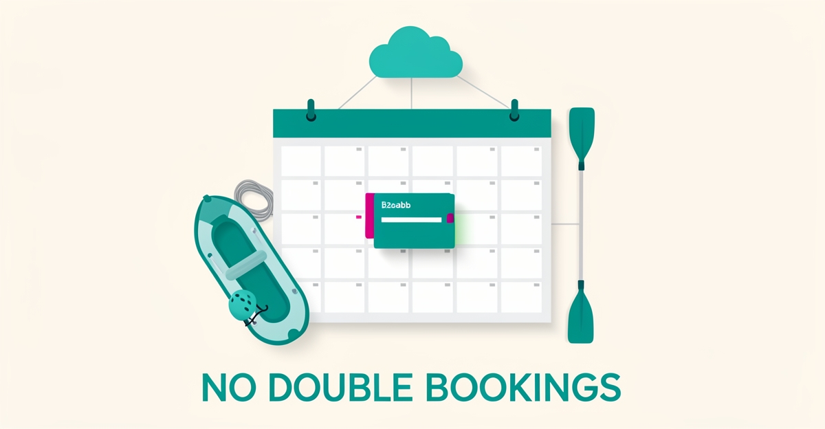 Flat illustration of adventure gear and a raft around a centralized synced calendar resolving a double booking, with headline No Double Bookings.