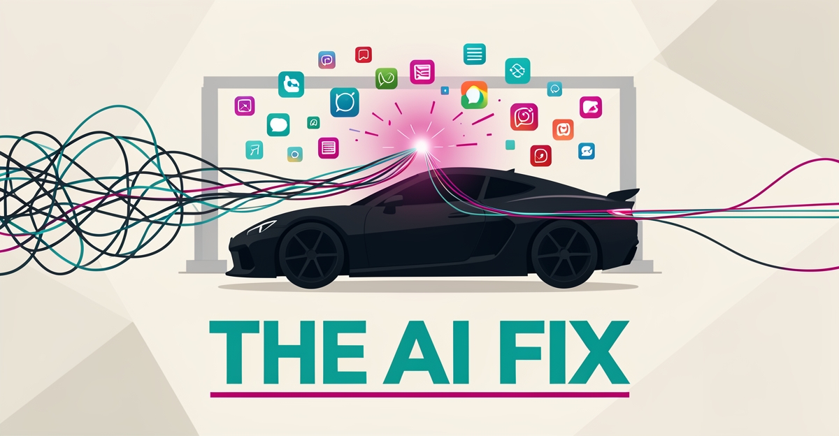 Flat illustration of an import car in a service bay with tangled tool icons converging into one streamlined AI hub, headline reading The AI Fix.