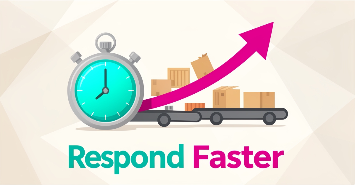 Flat illustration of a stopwatch and food crates with an upward arrow symbolizing fast AI-powered lead follow-up for distributors.
