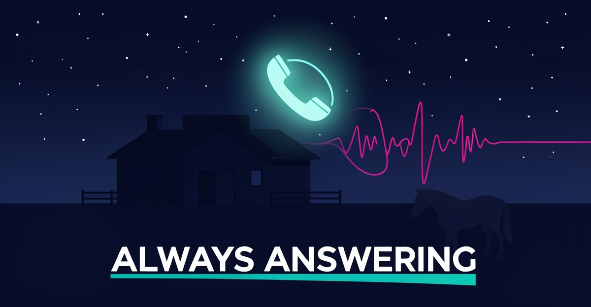 Flat illustration of an equine clinic at night with a glowing phone icon and soundwaves, symbolizing 24/7 AI voice answering.