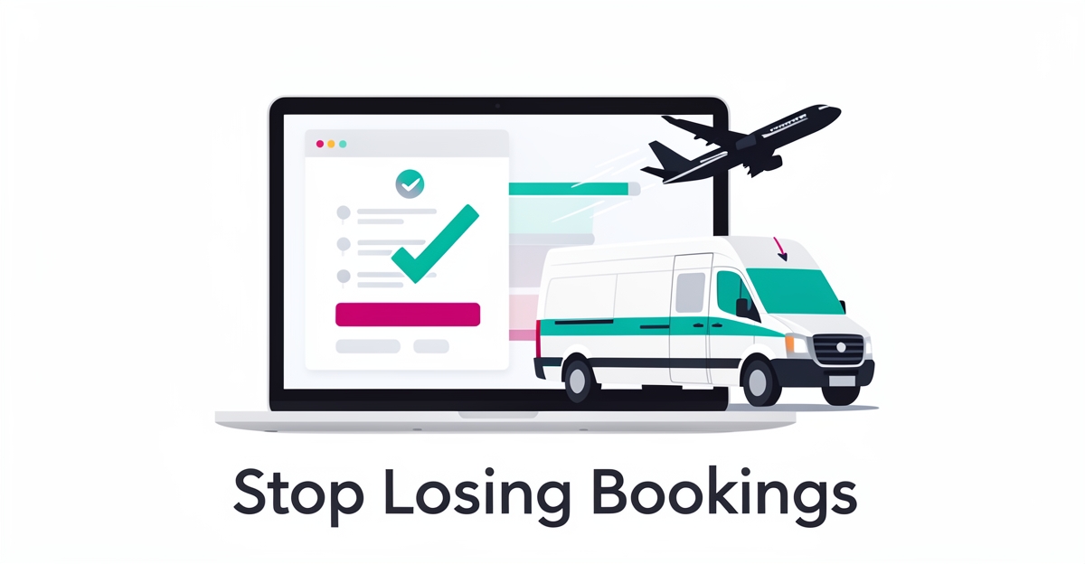 Flat illustration of a laptop showing a fast shuttle booking checkout beside a shuttle van and airplane, with headline Stop Losing Bookings.