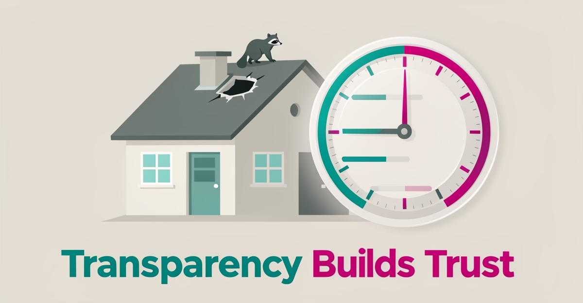 Flat illustration of a house with animal damage beside a transparent timeline clock, symbolizing clear turnaround times that build homeowner trust.