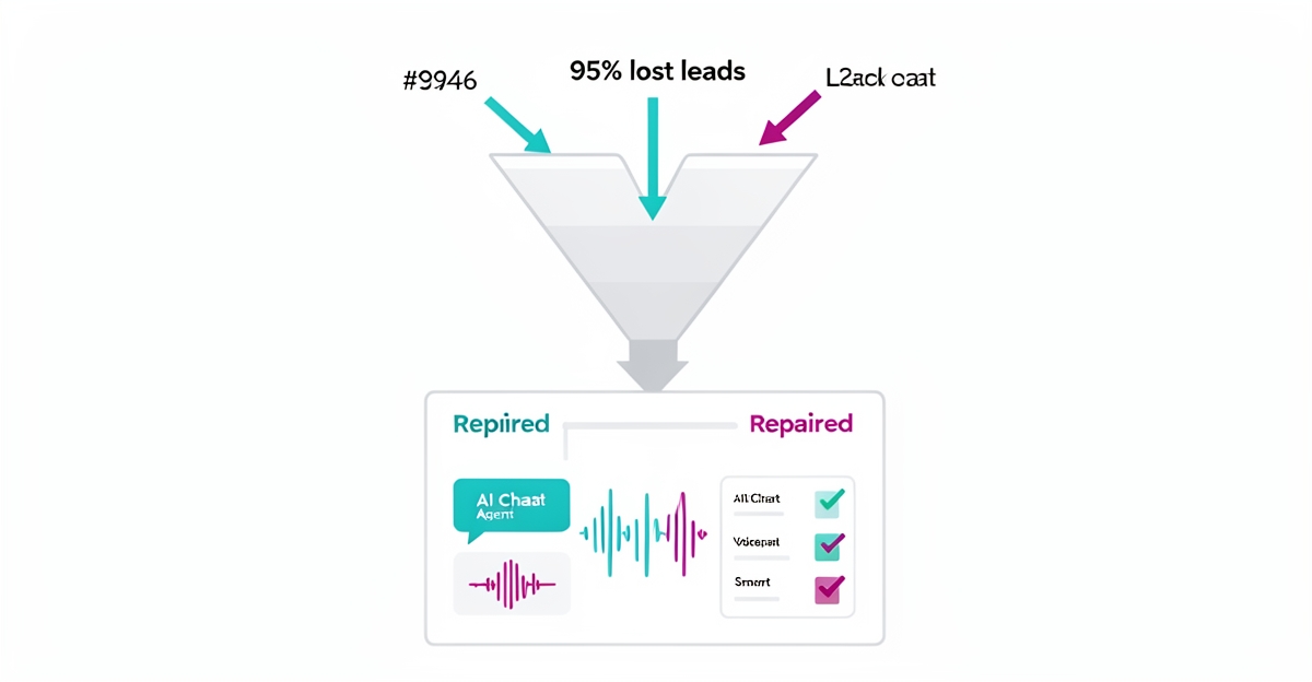 A minimalist flat illustration showing a leaking sales funnel being fixed by AI chat, voice agents, and smart forms, with brand color accents, symbolizing lead recovery in 30 days.