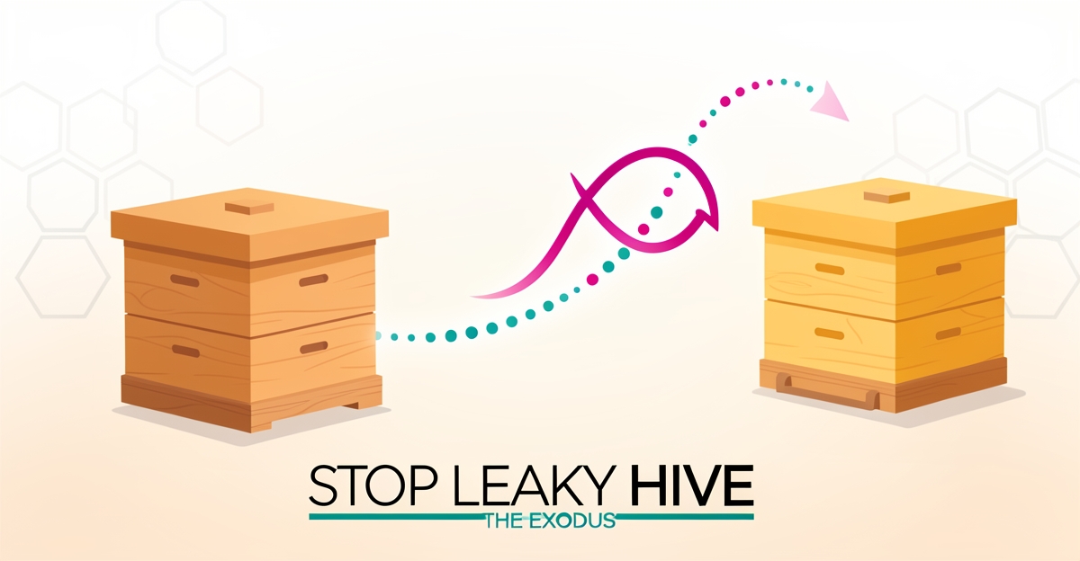 Flat illustration of beehives with a glowing path and arrow symbolizing customer retention, accented in teal and magenta.