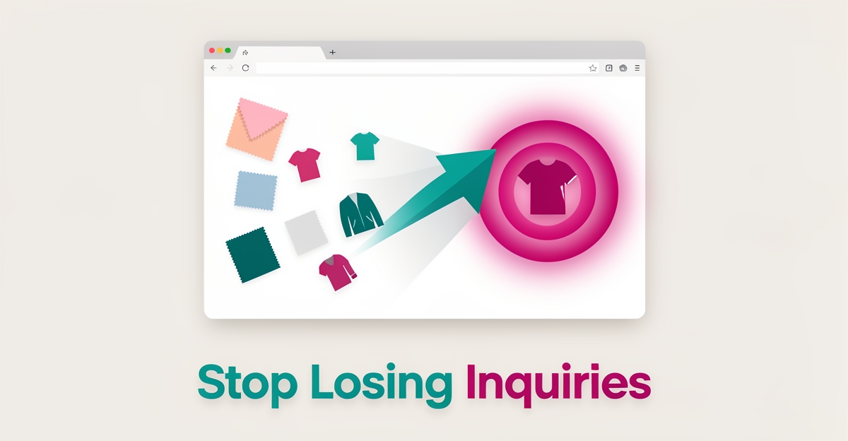 Flat illustration of garment icons flowing toward a website interface with a rising arrow, symbolizing lost inquiries converted into growth.