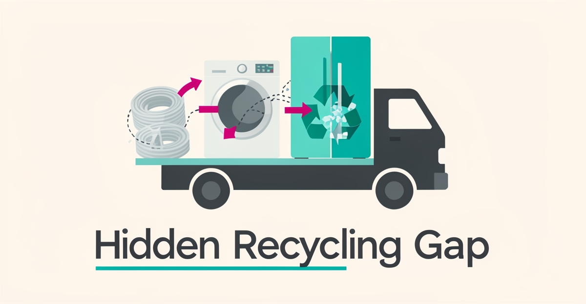 Flat illustration of appliances being hauled away and sorted into recycling streams, highlighting the transparency gap in appliance removal recycling details.