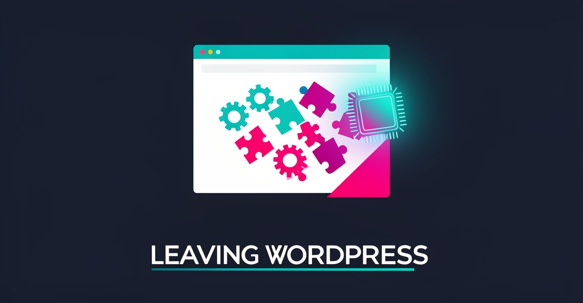 Flat illustration of a website fragmenting into pieces beside a glowing AI chip, symbolizing businesses moving from WordPress to managed AI platforms.