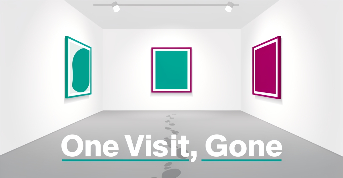 Minimalist illustration of an art gallery interior with fading footprints, representing visitor retention challenges in galleries.