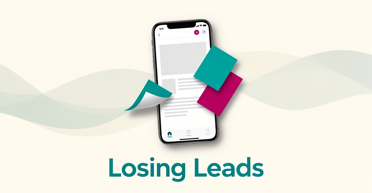 Flat illustration of a smartphone with wallpaper swatches sliding off its screen, symbolizing lost leads from generic websites.