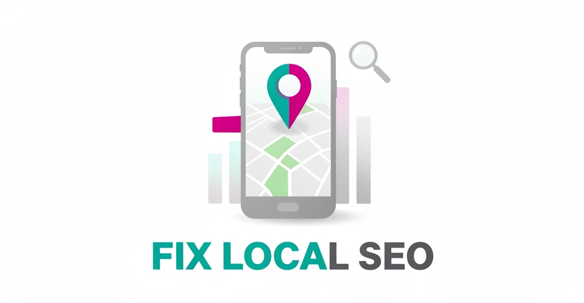 Flat illustration of a smartphone map with a location pin and rising ranking bars, accented in teal and magenta, with headline Fix Local SEO.