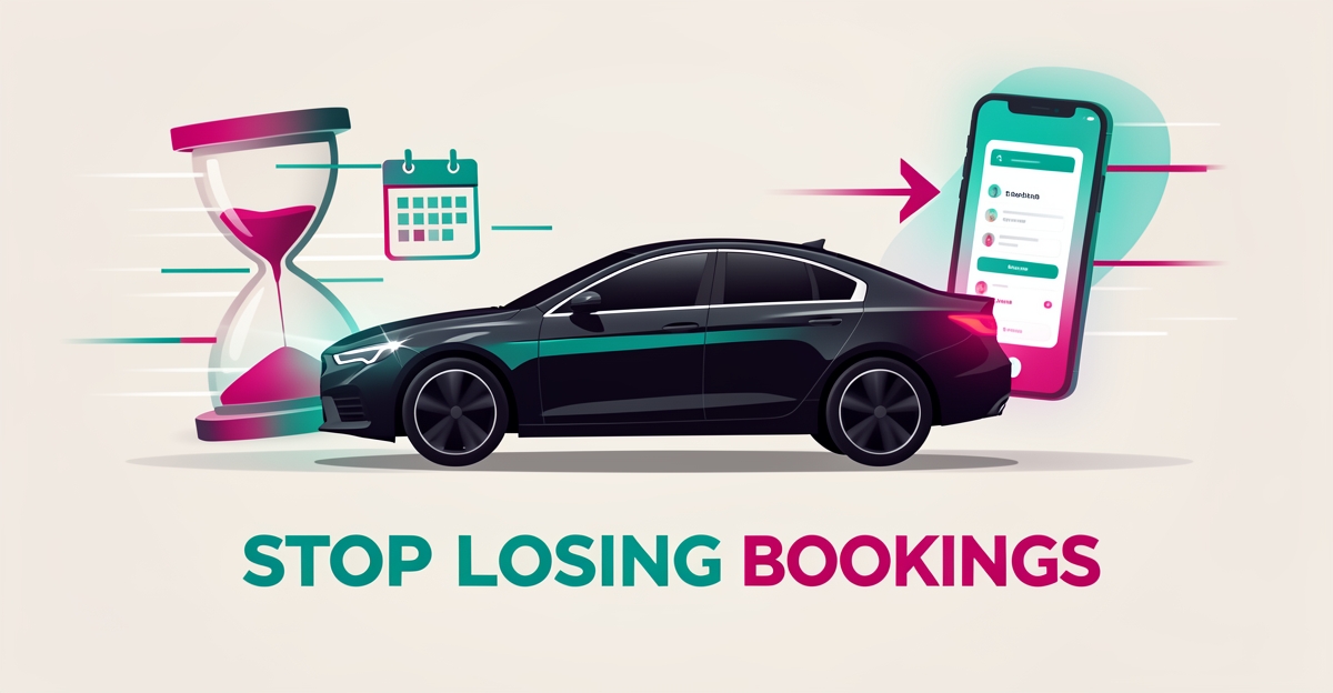 Flat illustration of a polished car with fading booking icons and a glowing smartphone booking interface, accented in teal and magenta, with headline Stop Losing Bookings.