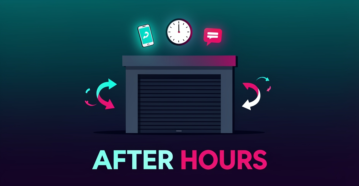 Flat illustration of a closed auto electrical shop at dusk with missed call icons and glowing after-hours notifications in teal and magenta.