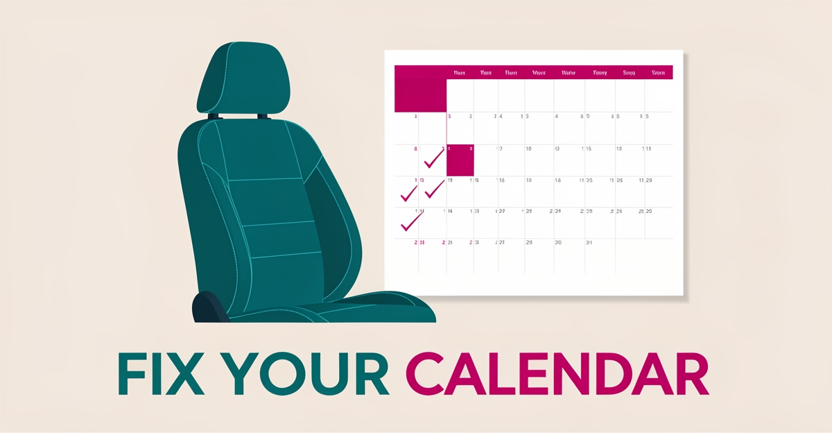 Flat illustration of a car seat beside an orderly scheduling calendar with teal and magenta accents, symbolizing streamlined booking for auto upholstery shops.