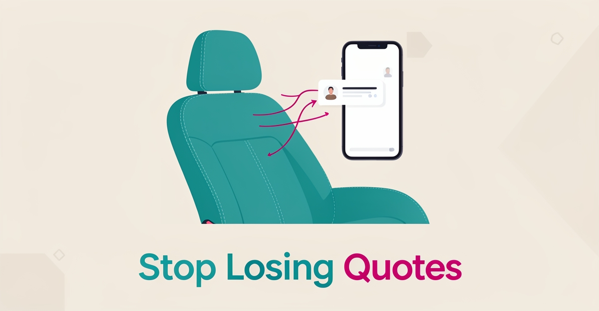 Flat illustration of a car seat and a smartphone chat interface connected by teal and magenta lines, symbolizing instant quote capture for auto upholstery shops.