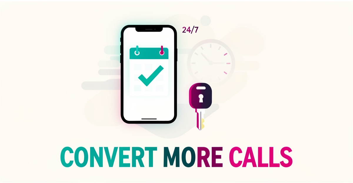 Flat illustration of a smartphone booking a locksmith service beside a car key and padlock, accented in teal and magenta.