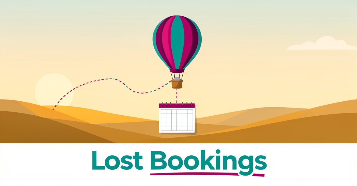 Flat illustration of a hot air balloon drifting away from an empty booking calendar, symbolizing lost peak-season online bookings.
