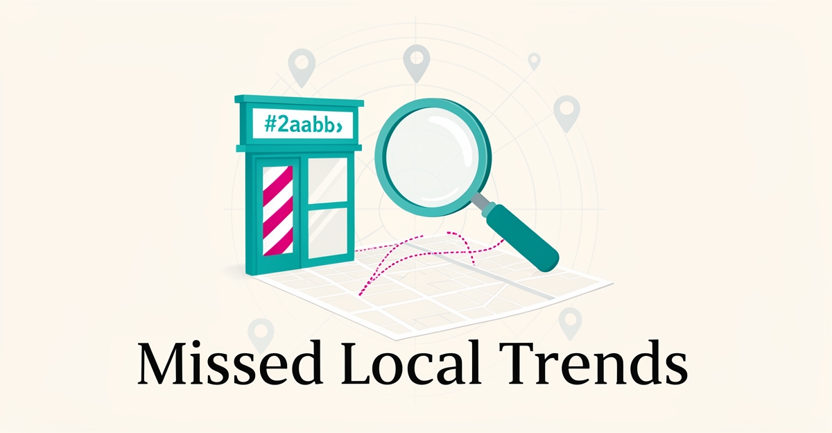 Flat illustration of a barbershop storefront with location pins and a search radar, symbolizing hyperlocal SEO and missed local search trends.
