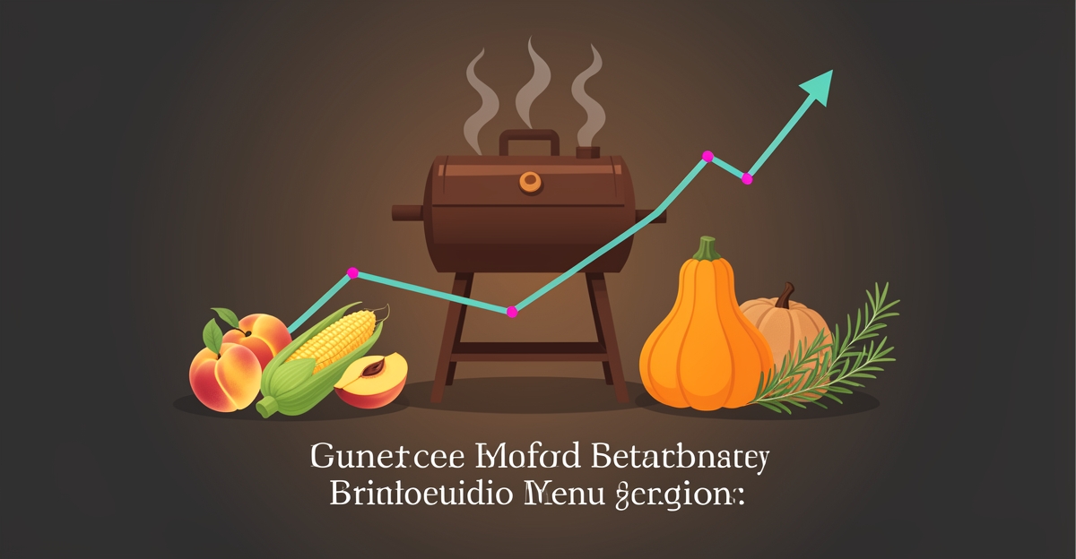 Flat illustration of a BBQ smoker surrounded by seasonal ingredients with a rising trend line, highlighting seasonal menu opportunities for restaurants online.