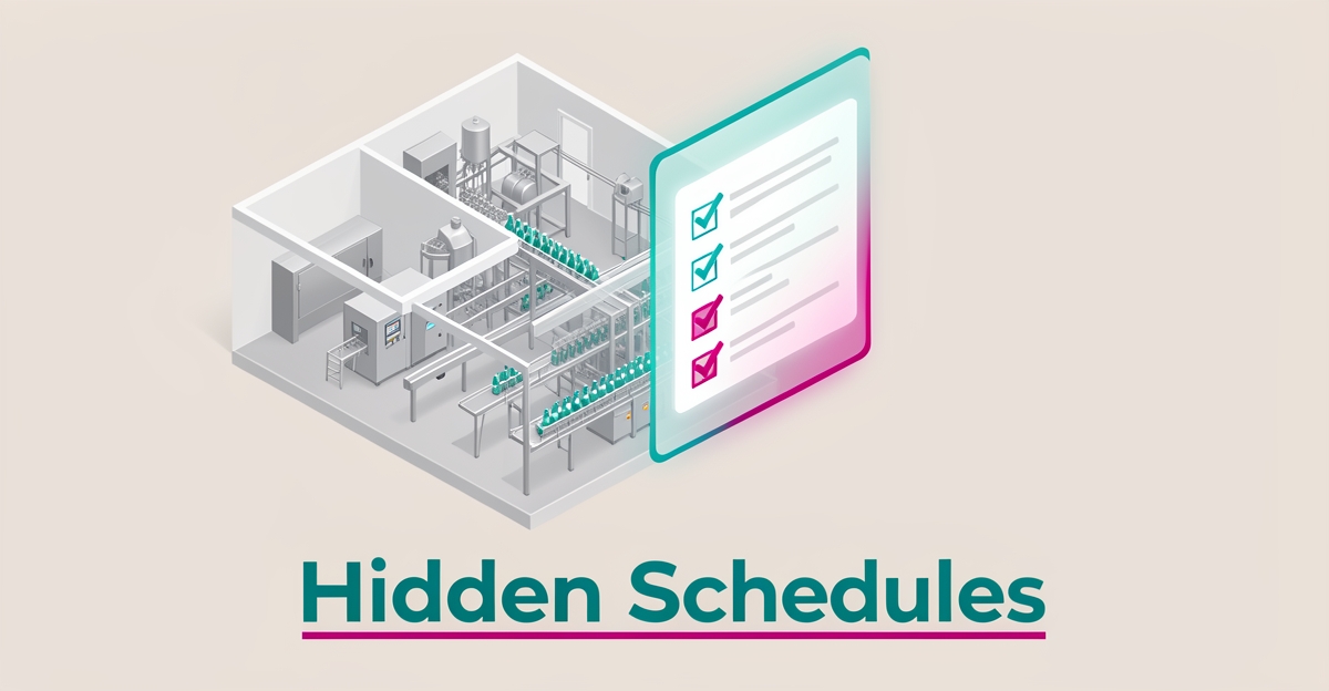 Flat illustration of a beverage co-packing facility with a hidden maintenance checklist emerging, symbolizing transparency in teal and magenta accents.