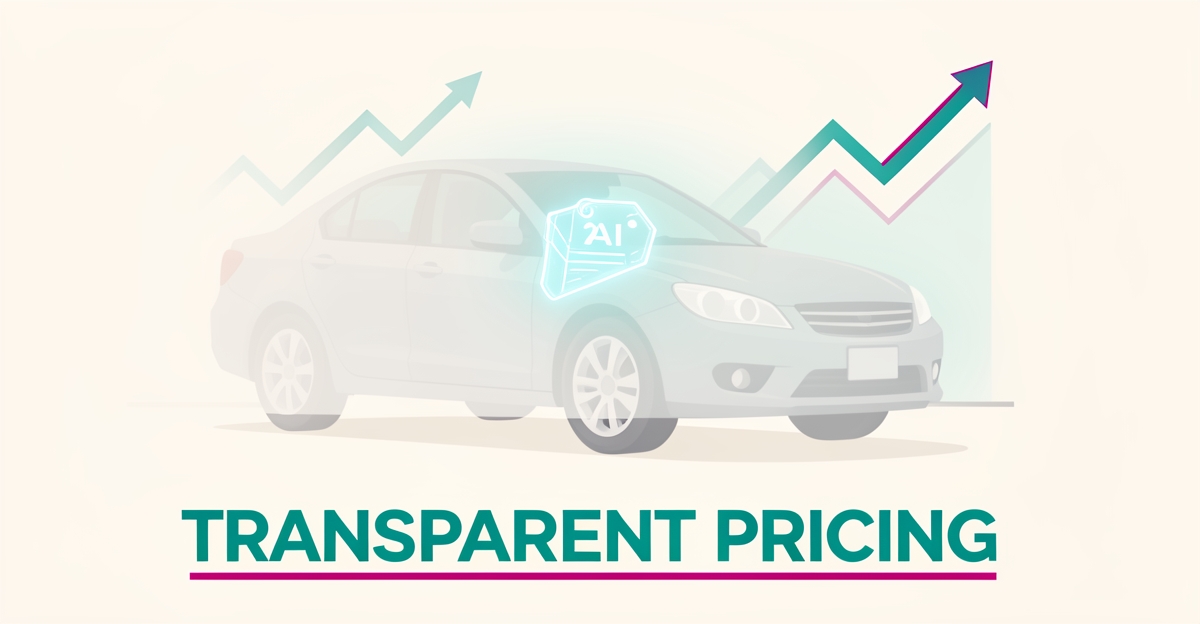 Flat illustration of an AI beam revealing transparent repair pricing on a used car, symbolizing trust in BHPH dealership pricing.