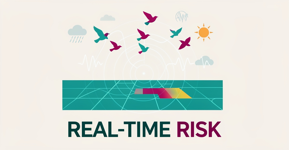 Flat illustration of birds flying over a glowing digital map grid with weather and sound wave icons, symbolizing AI-powered real-time bird activity tracking.